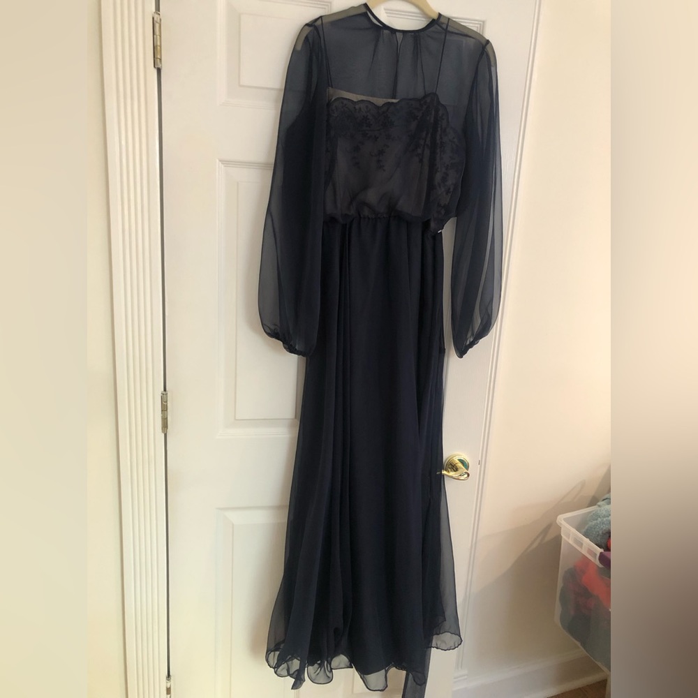 Miss Elliette Vintage Navy Chiffon Lace Evening Gown Sz 14